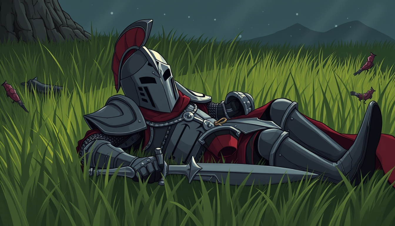 Main art studio: Cartoon style dark fantasy knight laying down in grass