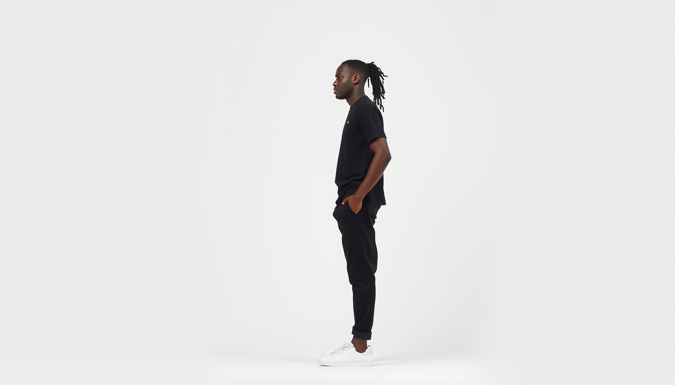 Characters idea: an original character defined by silhouette, role, outfit, palette, and expression, deliberate composition, Black male, lil stomach, not fat, ponytail