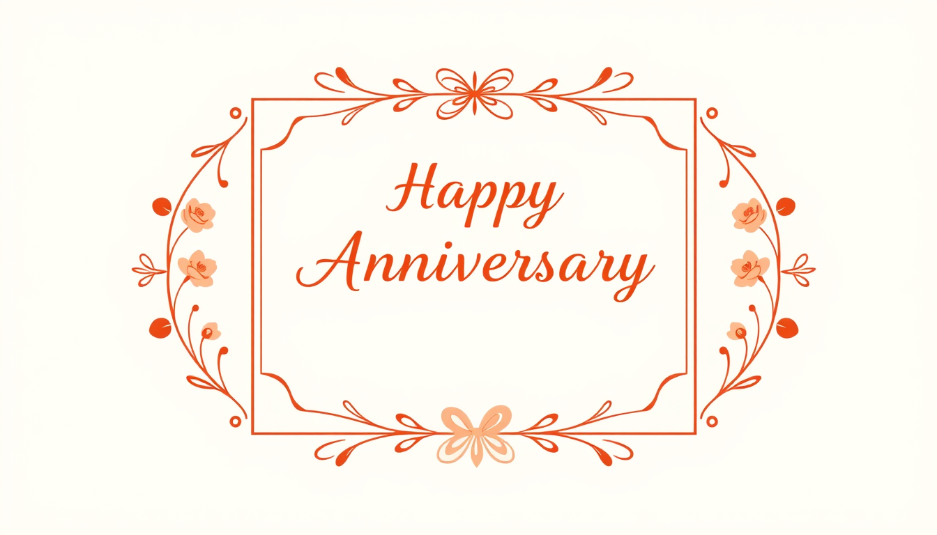 Cards idea: greeting card design, folded card artwork, clean composition, decorative frame, open message space, Anniversary , printable card illustration, warm po