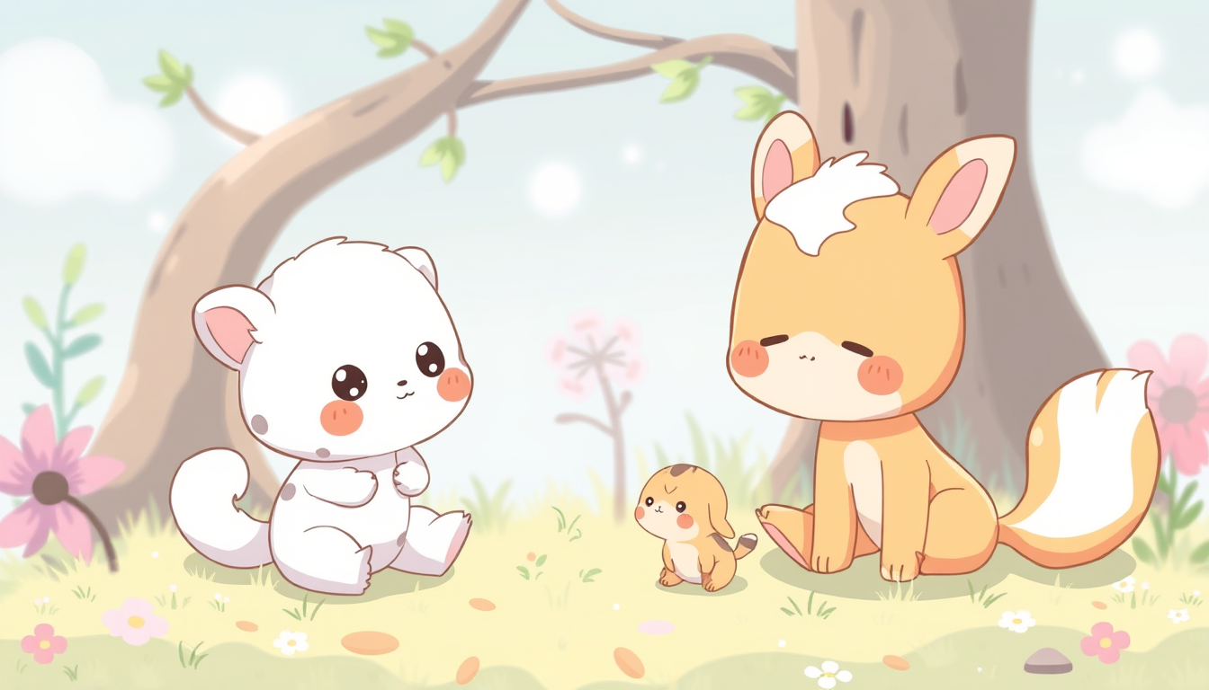 Main art studio: Create an image using the elements I will provide; the style should be that of an anime cartoon, featuring small, cute animals Δευτέρα Τρίτη. Τετάρτη