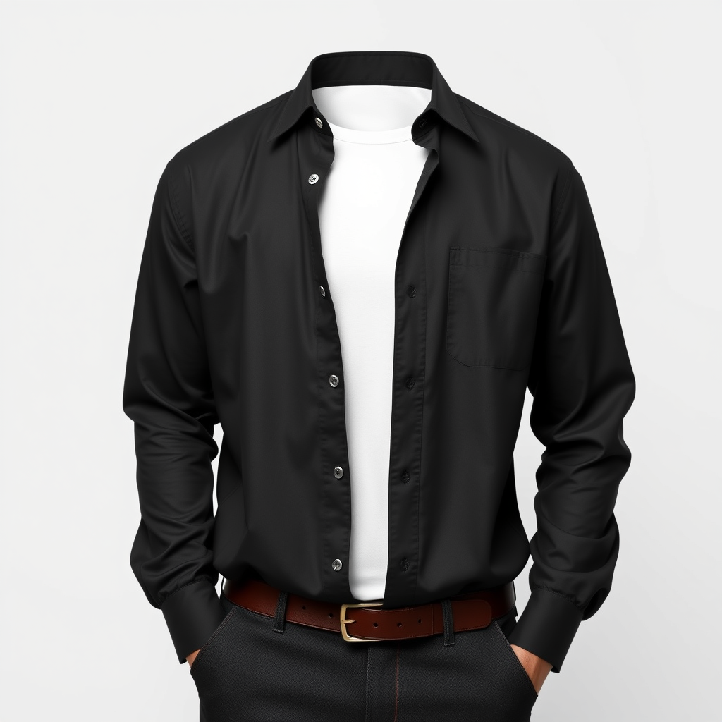 Main art studio: Premium men's black full-sleeve Oxford button-up shirt, classic collar, visible buttons, front view, shirt only, no t-shirt, no person, no mannequin,