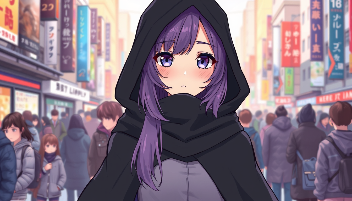 Anime idea: anime style, vibrant colors, expressive eyes, a girl around 18 years old. She has natural purple hair. She is wearing a black cape with a hood coverin