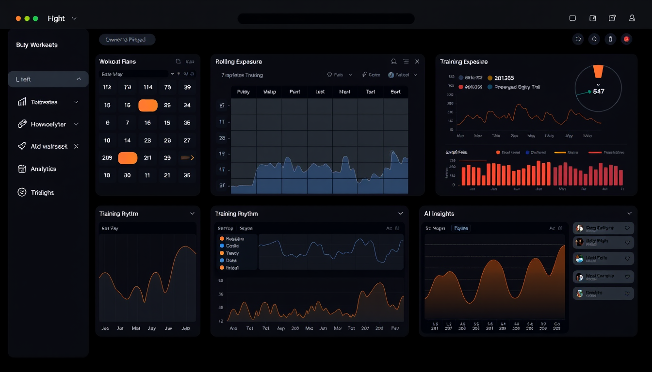 Main art studio: Create a premium dark desktop UI concept for a private owner-only fitness intelligence app. NO TEXT, NO WORDS, NO LETTERS, NO LOGOS. Use realistic UI