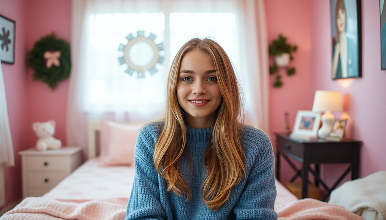 AI Art prompt example created from the prompt: a 19 year old gilr in a blue sweater in a cozy pink bedroom