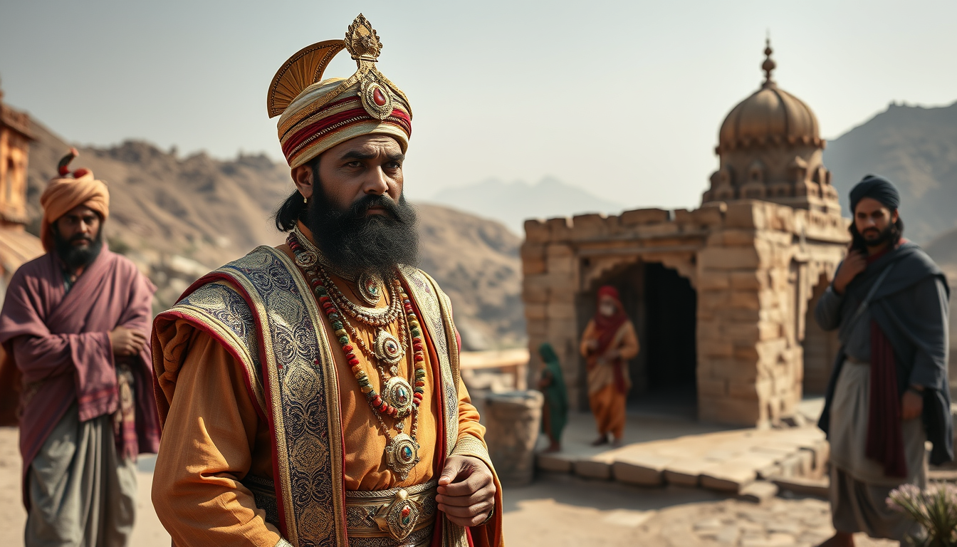 Main art studio: Raja Madho Singh in traditional Rajput royal attire standing respectfully before the elderly ascetic Baba Balunath outside his stone hermitage, ancien