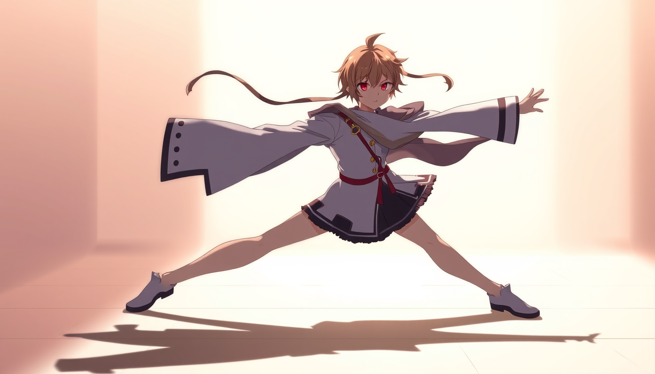 Anime Characters idea: an anime character with a legible silhouette, controlled costume language, and expressive face, deliberate composition, Remaru Tempest, doing the spli