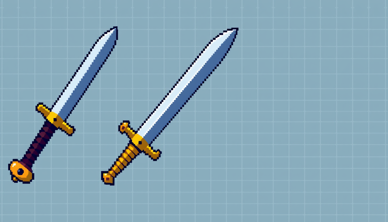 Sprites idea: pixel art game sprite, clean pixel grid, retro 16-bit palette, no background 16x16 pixel medieval swords , game-ready sprite sheet