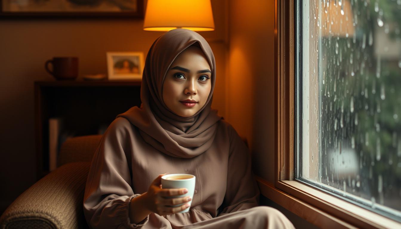 Main art studio: "I'm sitting in a quiet corner of the room, with warm, soft lighting around me. The smell of coffee fills the air, and rain is gently tapping on the w