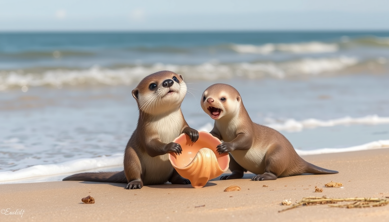 AI Art prompt example created from the prompt: Two best-friends one and Otter and the other best-friend a Weasel were playing with a seashell at the beach when they heard a scream.
