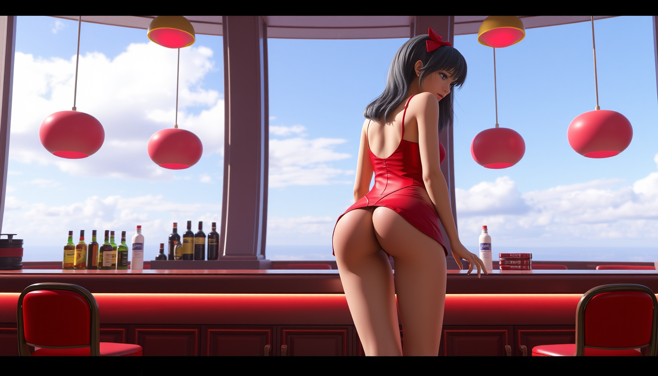 Main art studio: 3d render, 1girl, gigantic butt 2.0, red short dress, bar,