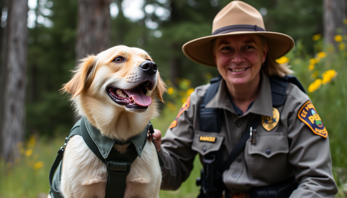 Main art studio: A dog in a park ranger uniform, along with a human