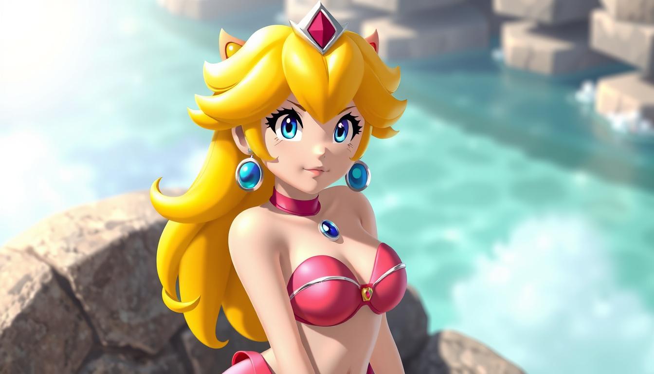 Main art studio: Bitte generiere ein Bild von Peach aus Mario wie sie mit Bikini im echten Leben aussehen würde als Mensch in RL