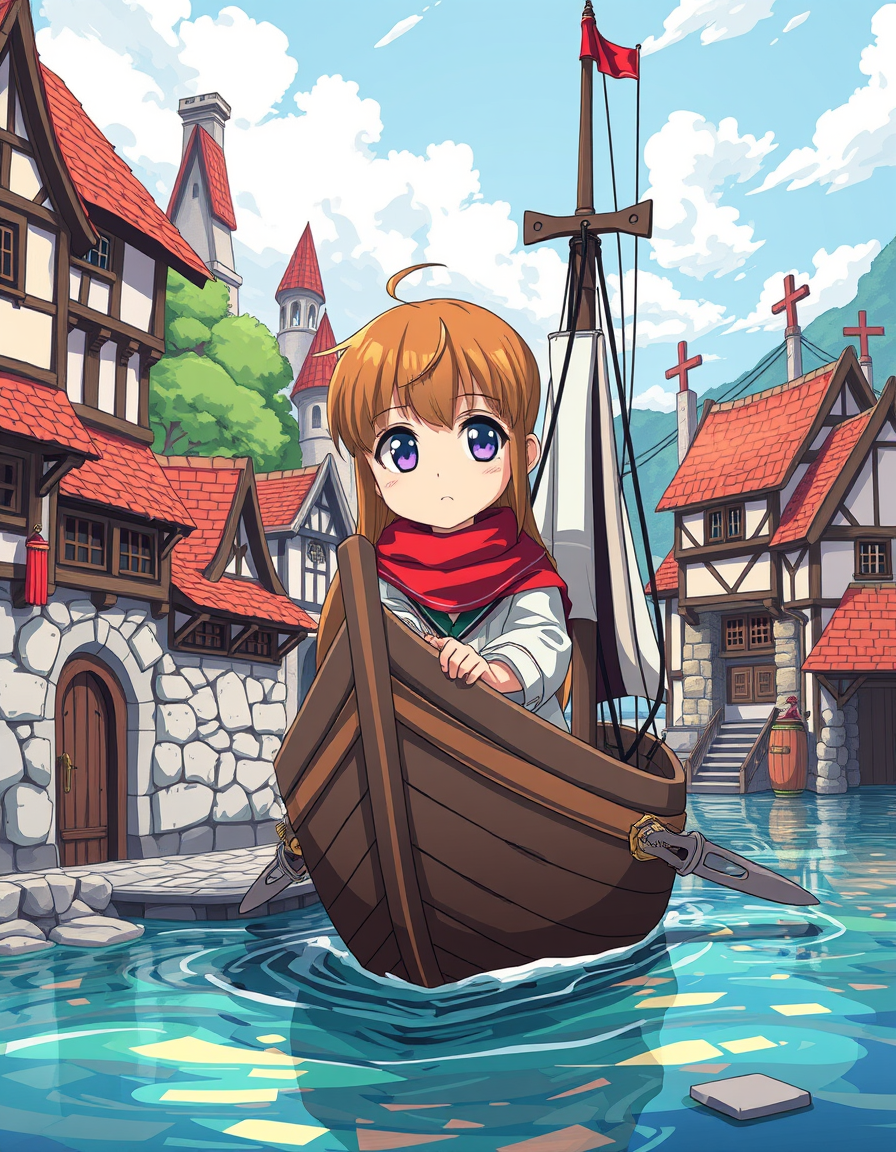 Anime idea: anime style, vibrant colors, expressive eyes, create a medieval port build with simple Toon cel-shaded artstyle , detailed anime illustration