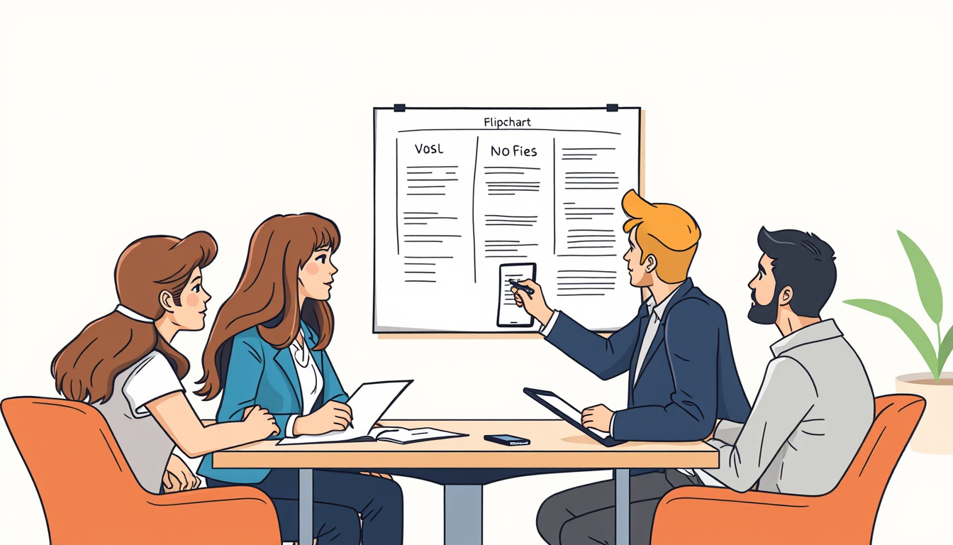 Main art studio: comic style. Flat Illustration. A team working together. With flipchart. someones are writing notes. Everybody ha a papercard in his hands.