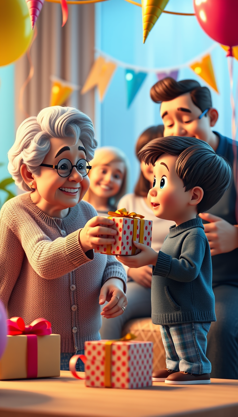 Main art studio: The Little GiftWritingA little American grandson handing his elderly grandmother a small beautifully wrapped birthday gift box, grandmother looking su