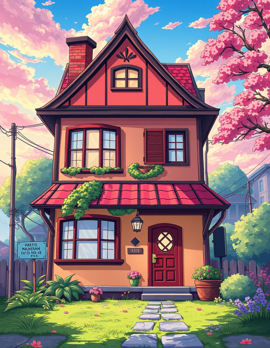 Anime idea: anime style, vibrant colors, expressive eyes, create an House building with simple Toon cel-shaded artstyle , detailed anime illustration