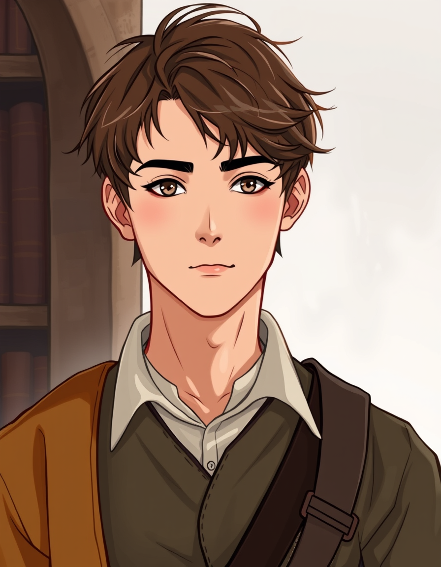 Characters idea: an original character defined by silhouette, role, outfit, palette, and expression, deliberate composition, A seemingly ordinary young male librarian