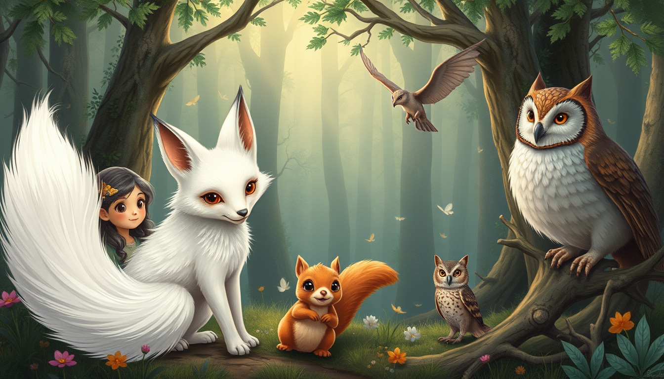 Main art studio: create a picture it should contain, two female children human, 1 white fox with 6 tails, and one squirrel, and one dragon that looks cute and one owl,