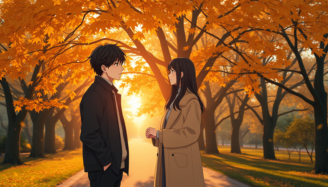 Main art studio: Create the final scene of the original cinematic Japanese anime romance movie October Theory. Haruki Tanaka and Noni Mizuno, both 18 years old, stand 