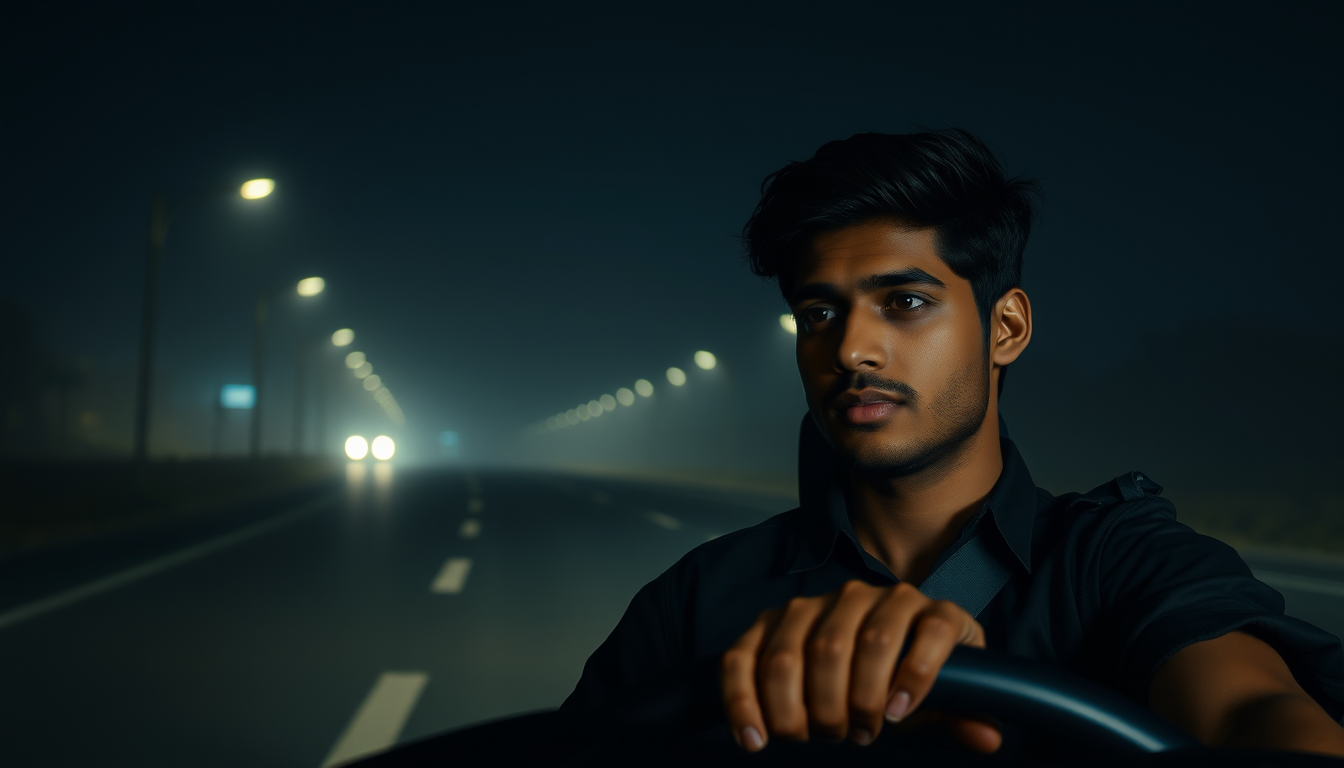 Main art studio: Sameer, a 25-year-old Indian man with short black hair wearing a black shirt, driving alone on an empty road at 11:45 PM, dark night, streetlights, li