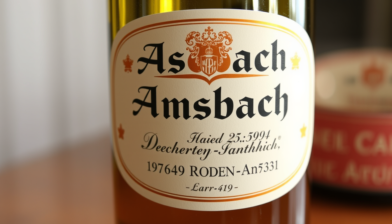 Main art studio: Generiere Bild einer Asbach uralt Flasche, aber schreibe anstatt "Asbach" "Ansbach" schreibe "97849 Roden-Ansbach" als Adresse aufs Etikett