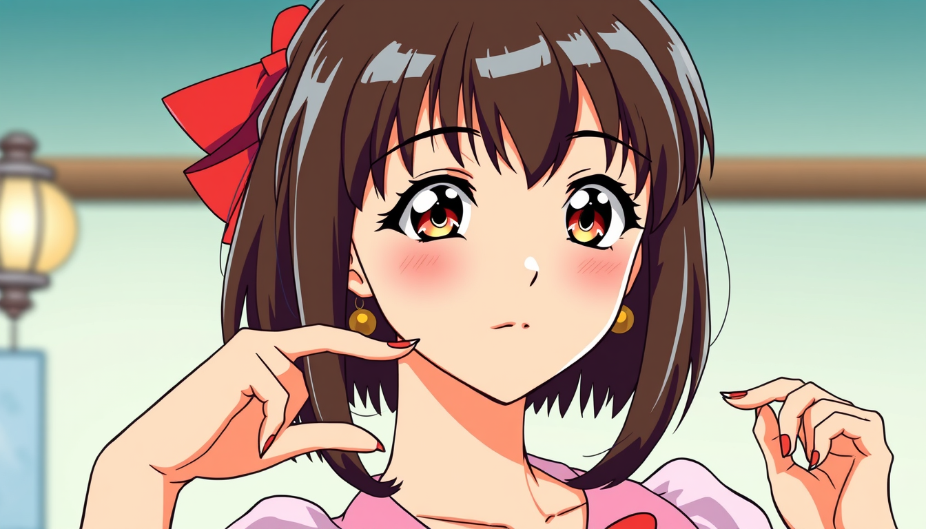 Anime idea: anime style, vibrant colors, expressive eyes, Bia (Megu Kanzaki) from the 1970s anime Majokko Megu-chan, reimagined as a clearly adult woman in her 20