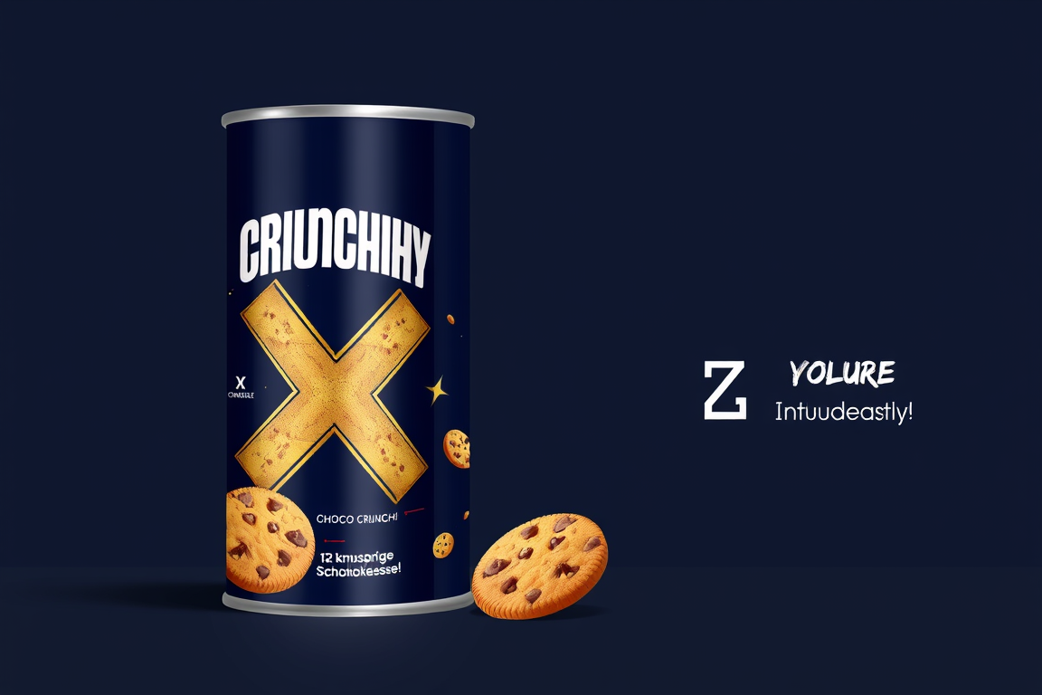 Main art studio: Professional fictional cookie packaging design, flat 2D artwork for a tall cylindrical snack can. Dark navy blue background, white CRUNCHY with a larg