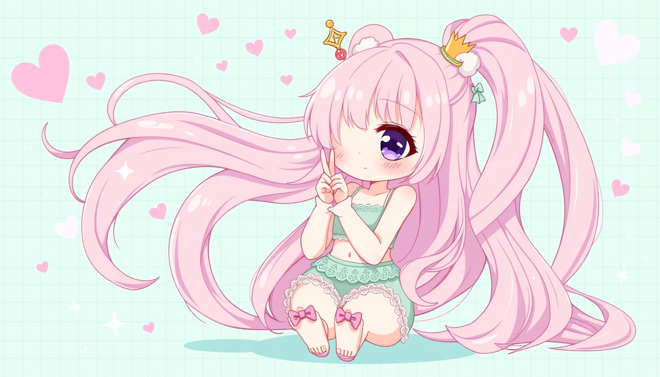 Main art studio: Pastel kawaii anime girl with extremely long cotton-candy pink hair, high side ponytail, sparkling lavender eyes, rosy cheeks, fluffy bear-ear accesso