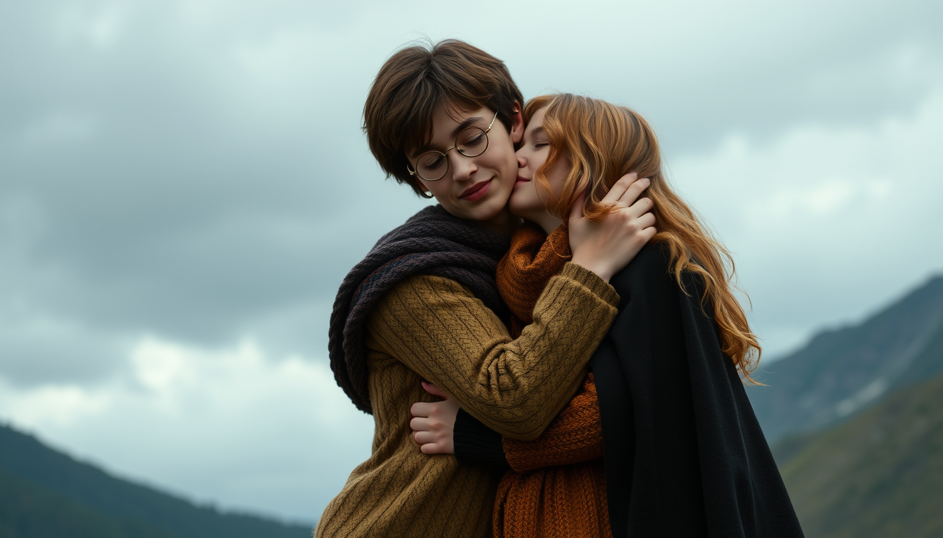 Main art studio: Erstelle ein Bild in dem sich Hermine und Harry potter küssen aber hermine nackt