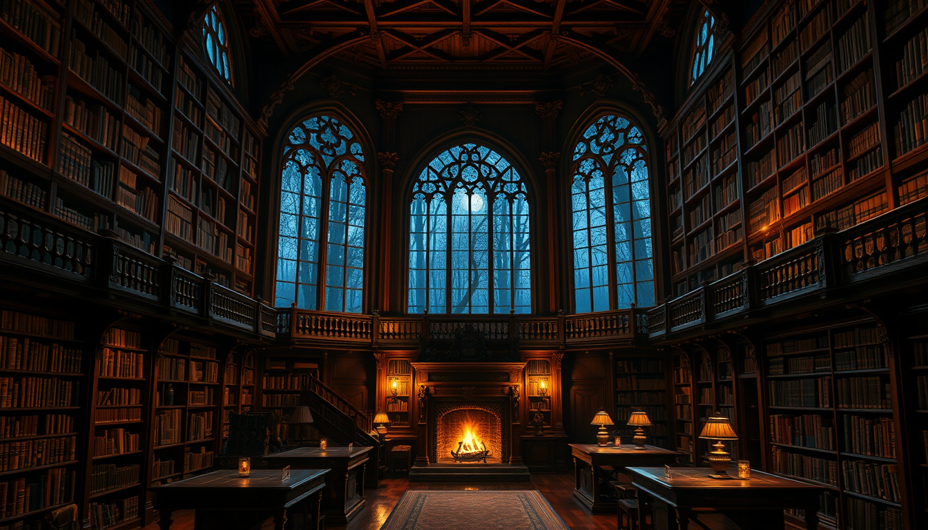 Main art studio: Vast atmospheric old-world library at midnight, enormous floor-to-ceiling dark walnut bookshelves filled with thousands of old books, carved wooden ba