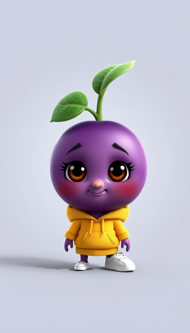 Main art studio: Cute anthropomorphic young girl grape named Mia, small round purple grape body, rich purple skin, green leaf on top of her head, large expressive warm