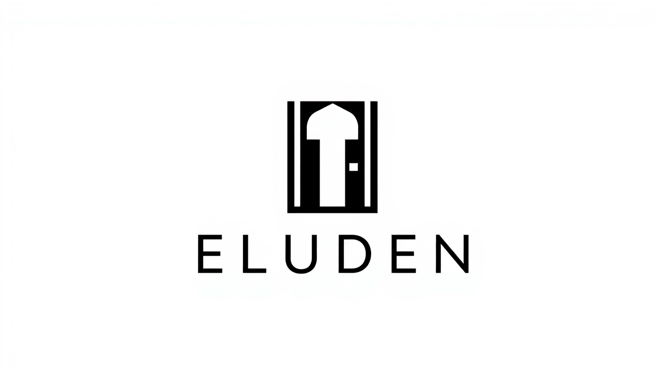 Main art studio: Create an iconic luxury logo for “ELUDEN”. Abstract geometric symbol based on a stylized letter E, subtly suggesting a hidden doorway, secret passage,