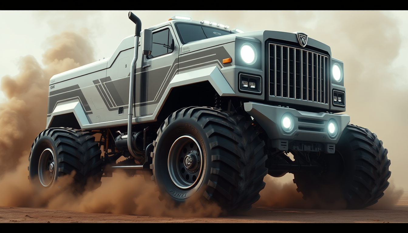 Main art studio: GIANT MONSTER TRUCK, NO HUMAN, NO PERSON, NO HUMAN BODY. An enormous original truck creature called Galfard. White and black body, huge wheels, aggres