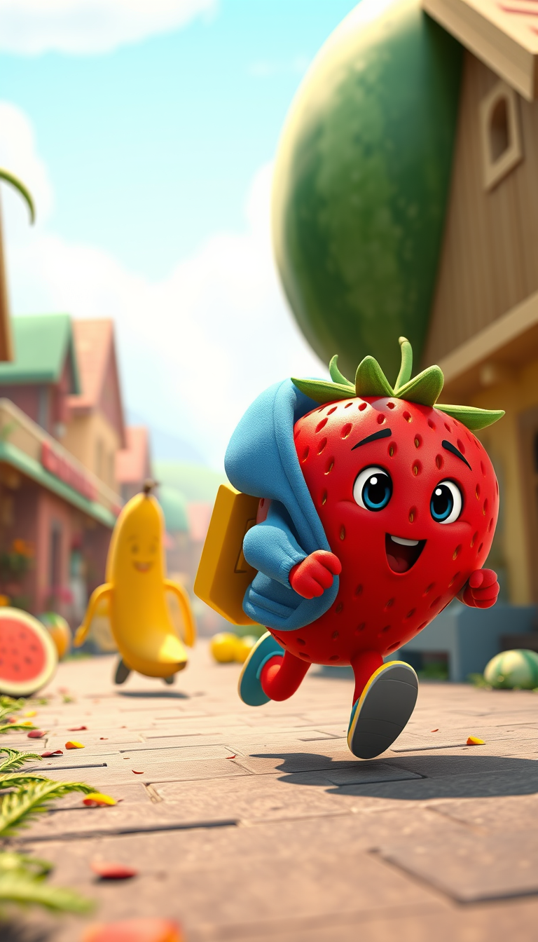 Main art studio: Cute 3D cartoon strawberry wearing a blue hoodie, running through a colorful fruit village while chasing a banana with a yellow backpack. A giant wate