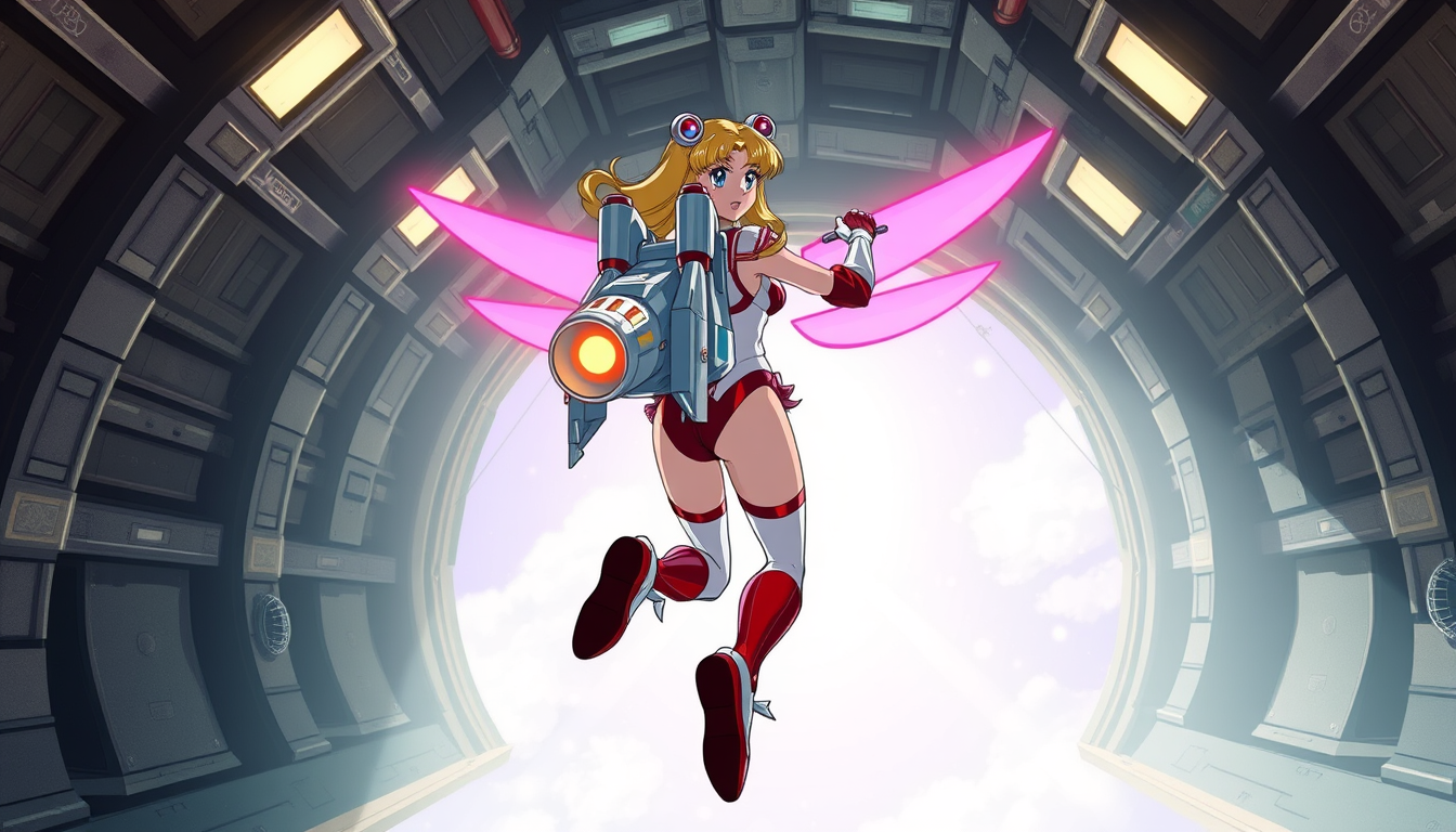 AI Image From Image idea created from the prompt: reference-guided image transformation, preserve the main subject and composition, Inside super sailor moon's underground secret base's jetpa