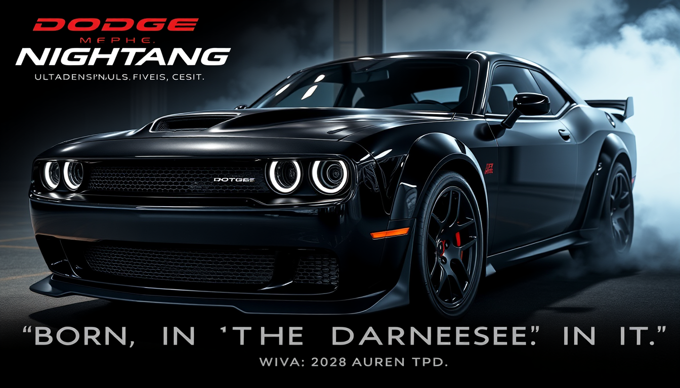 Main art studio: “A never-before-seen 2028 Dodge Nightfang SRT concept car, ultra realistic automotive photography, aggressive widebody muscle car design, fang LED hea