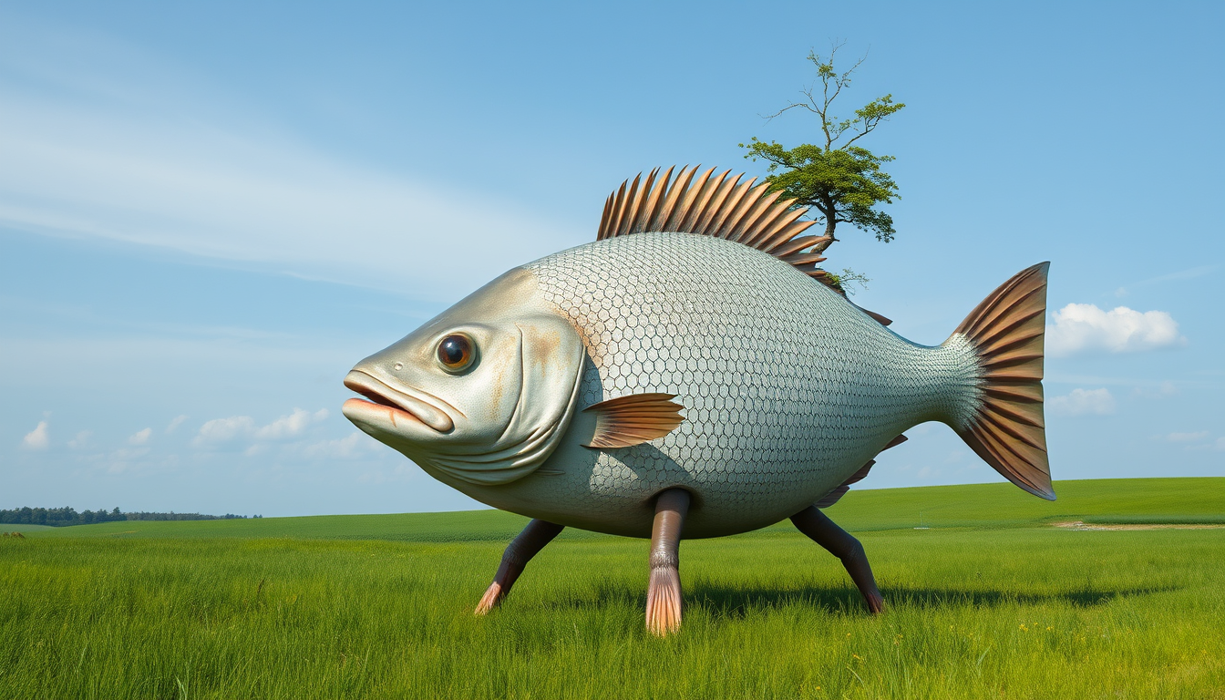 Main art studio: A big fish in the shape of a cube on a big grass feild that has human arms and legs that has a buzzcut on its head and a tree growing on its back