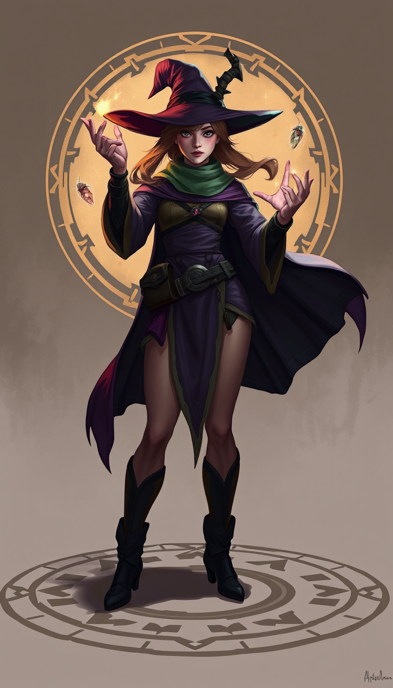 Fantasy Character idea created from the prompt: original fantasy character design, strong readable silhouette, coherent costume and materials, enchantress casting spell within a rune circl
