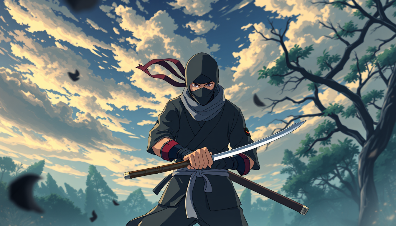 Main art studio: crie imagem de um anime de ninja no angulo normal de frente