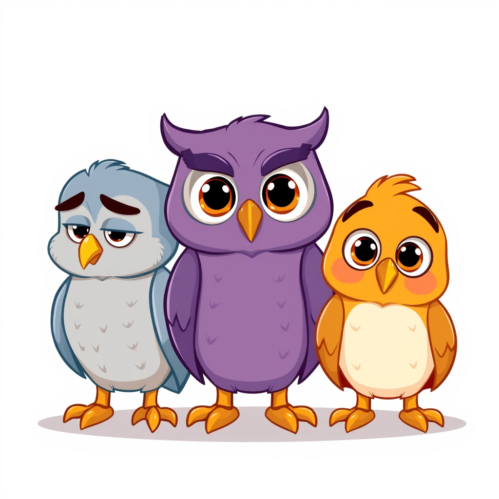 Main art studio: Exactly three cute cartoon owls with identical beak shape and size. All eyes fully open, lively and clearly visible. Left blue-gray: nervous posture,
