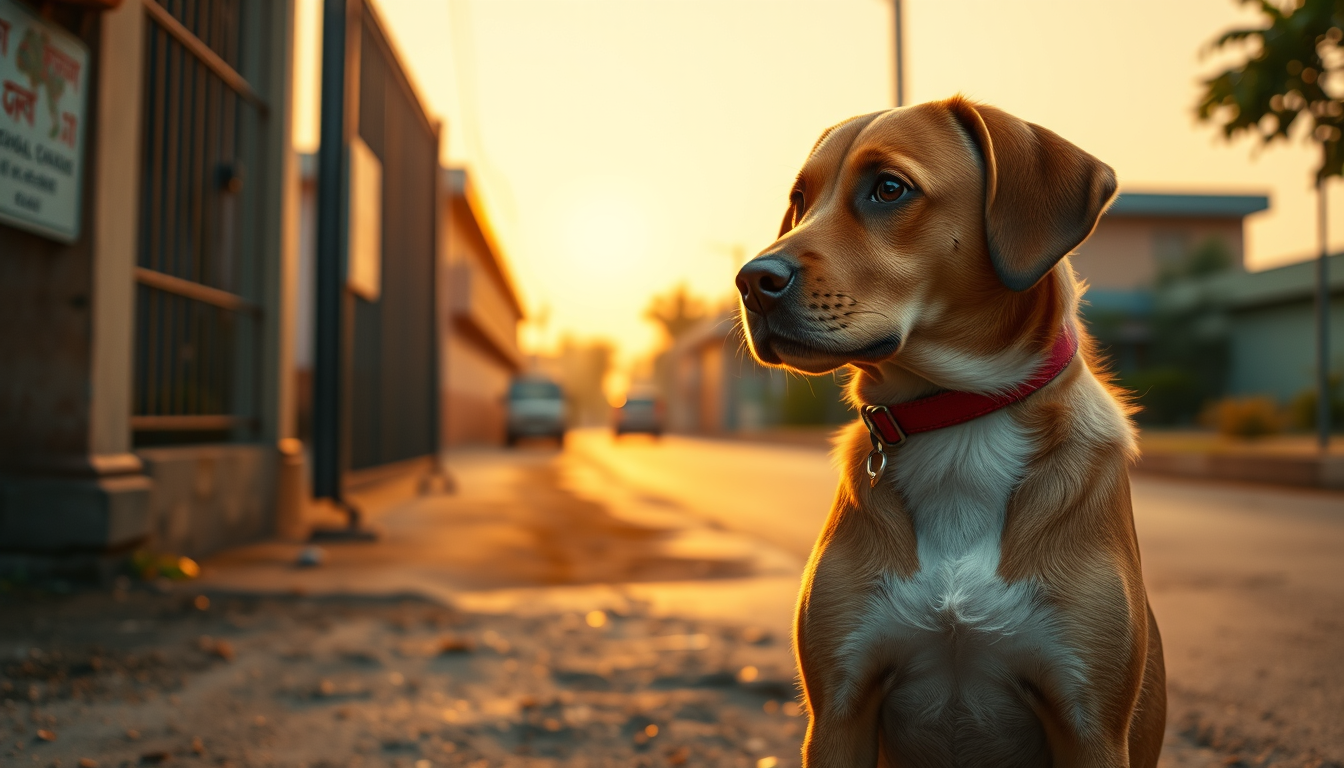 Main art studio: Cinematic photorealistic vertical 9:16. Same Bruno from previous scenes, golden-brown street dog with a white chest patch, floppy ears, dark-brown eye