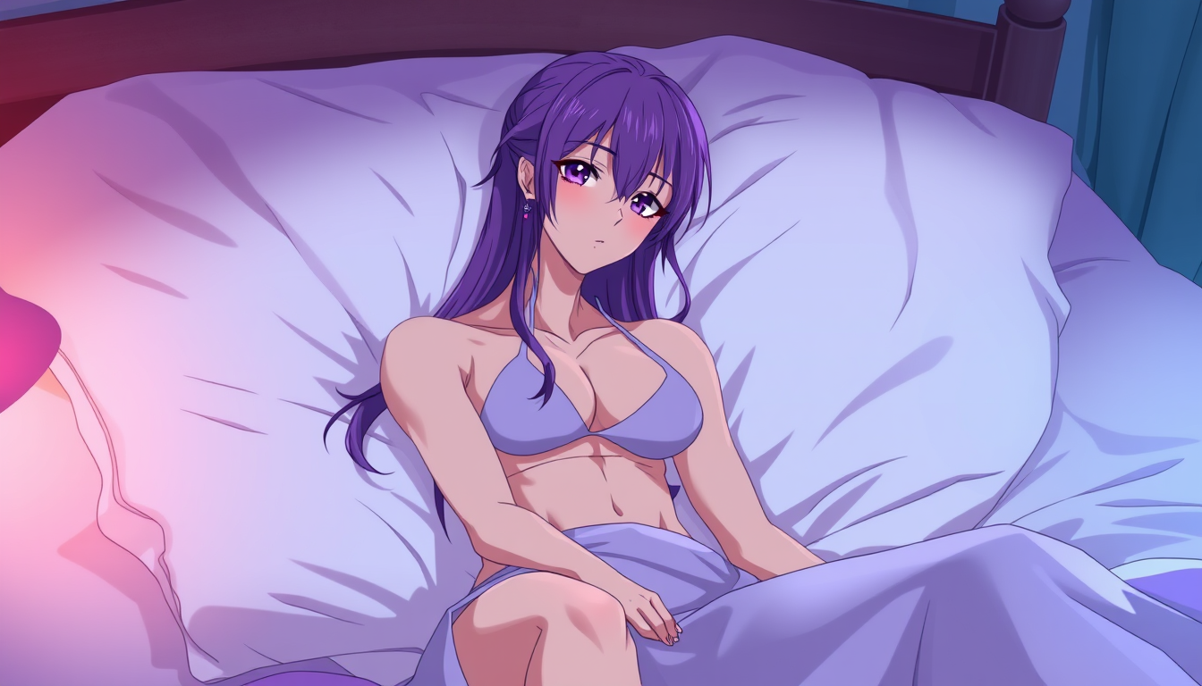 Main art studio: fille tres tres sexy anime voit tout son corps dans un lit voir seins cheveux long violet
