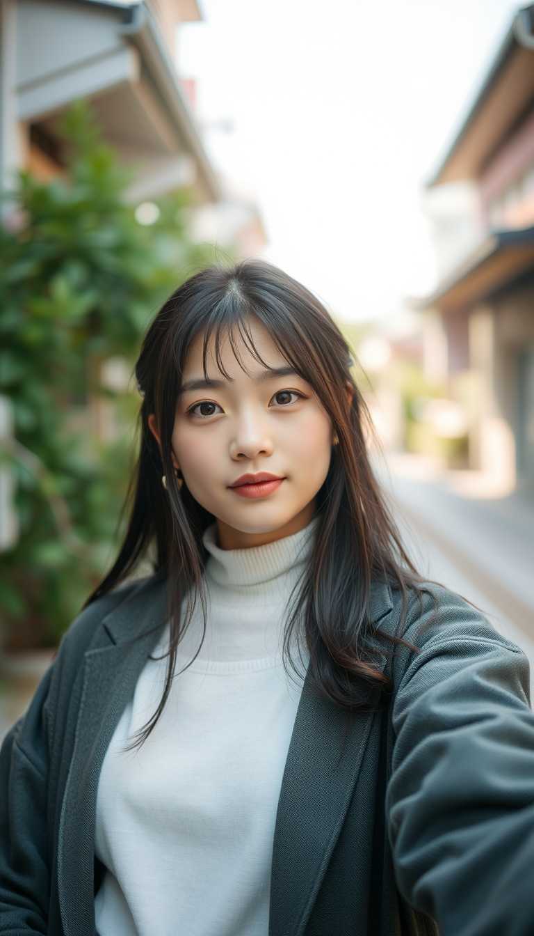 Main art studio: Japanese girl, realistic. 40 years old. Selfie. Natural