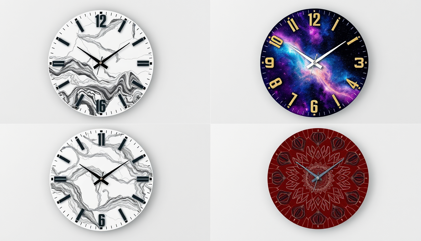 Main art studio: Create 4 different luxury resin wall clock designs: marble style, ocean and sea style, galaxy style, and red velvet powder with raised texture and Per