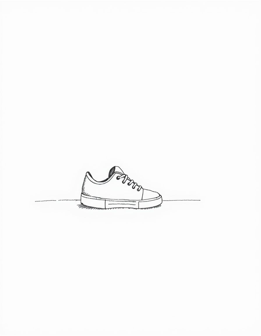 Main art studio: Minimalist black and white pencil sketch of a single ordinary sneaker placed on the floor, viewed from the side and slightly from above. The shoe tong