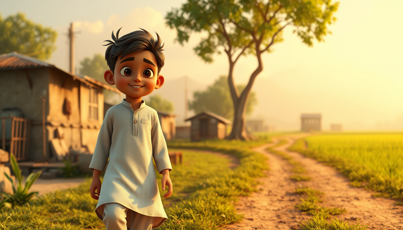 Main art studio: A poor but honest young Indian Muslim boy named Arif, around 15 years old, wearing a simple white kurta and pajama, walking through a peaceful rural v