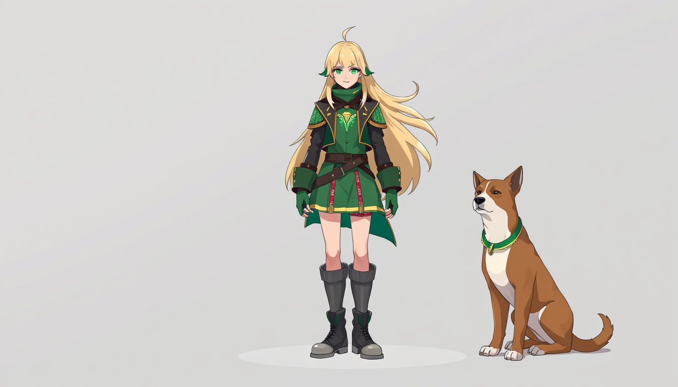 Characters idea: an original character defined by silhouette, role, outfit, palette, and expression, deliberate composition, jag har lång blont hår gröna ögon och glit