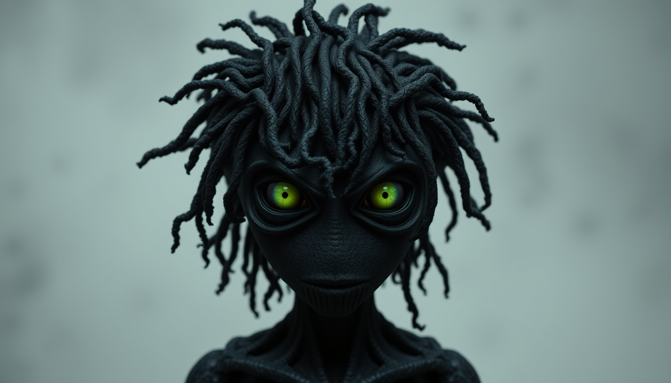 Main art studio: a monster head made of only short black dreads and small light-green eyes (dots only, no pupil)