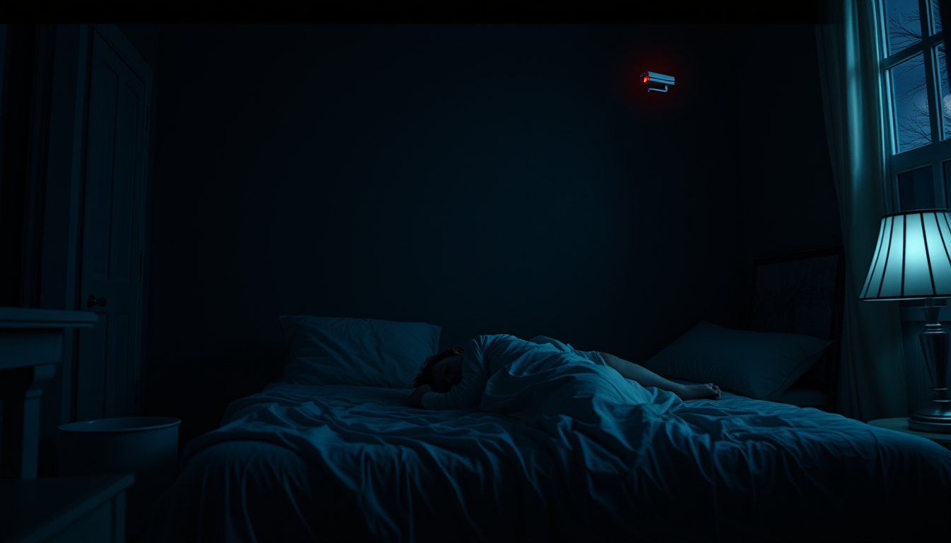 Main art studio: A cinematic photorealistic horror scene in the EXACT SAME bedroom as the previous image, same room layout, same bed, same furniture, same lighting sty