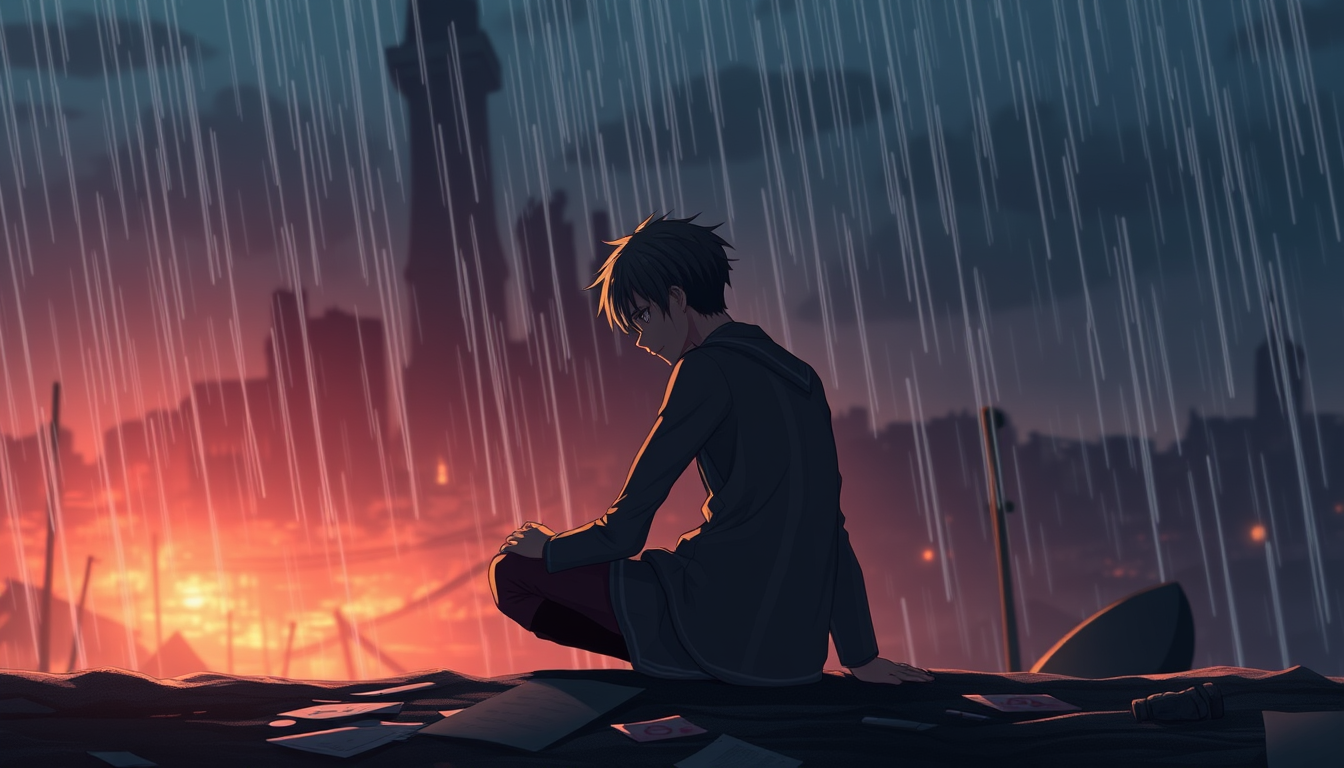 Main art studio: Anime hero sitting alone after a difficult battle, looking down with a defeated and emotional expression, ruined city in the distant background, soft
